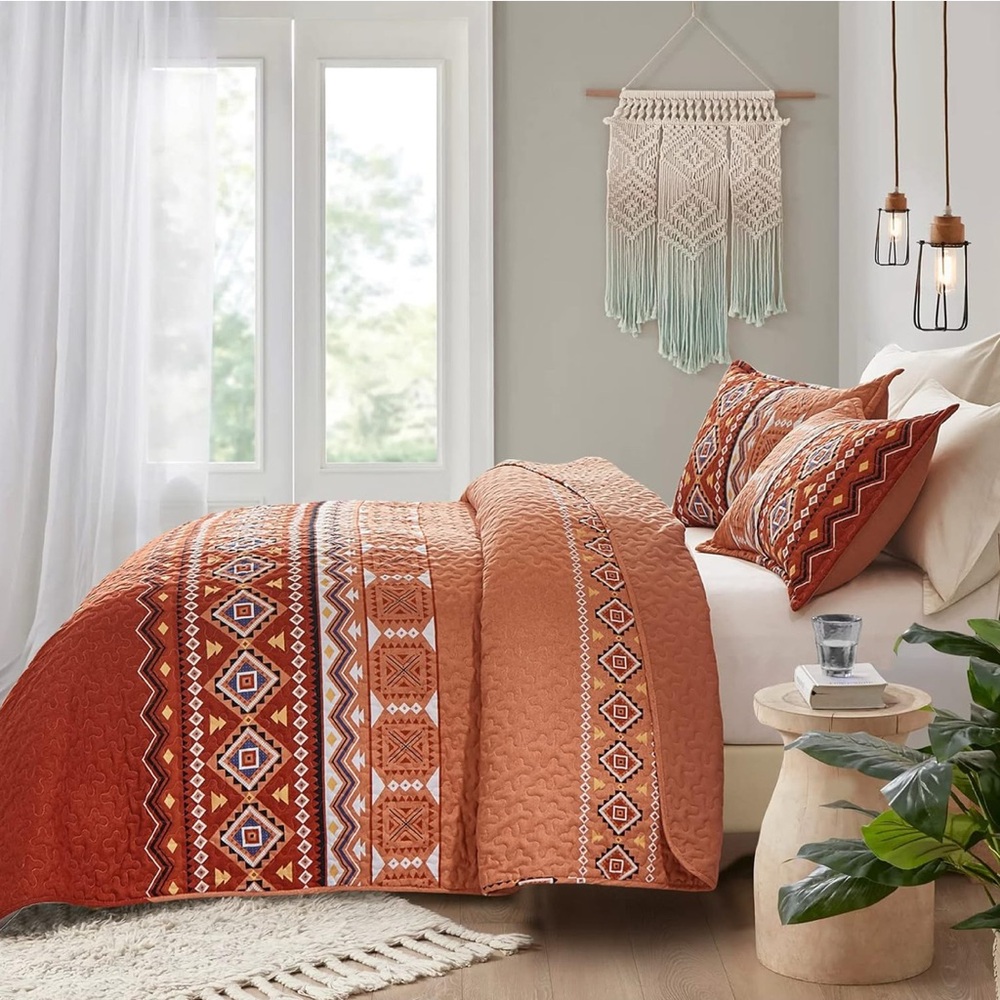 King Size Orange Quilt Set Geometric Pattern - Picture 4 of 8